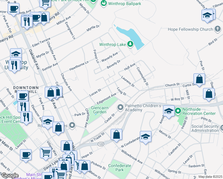 map of restaurants, bars, coffee shops, grocery stores, and more near 316 Piedmont Street in Rock Hill