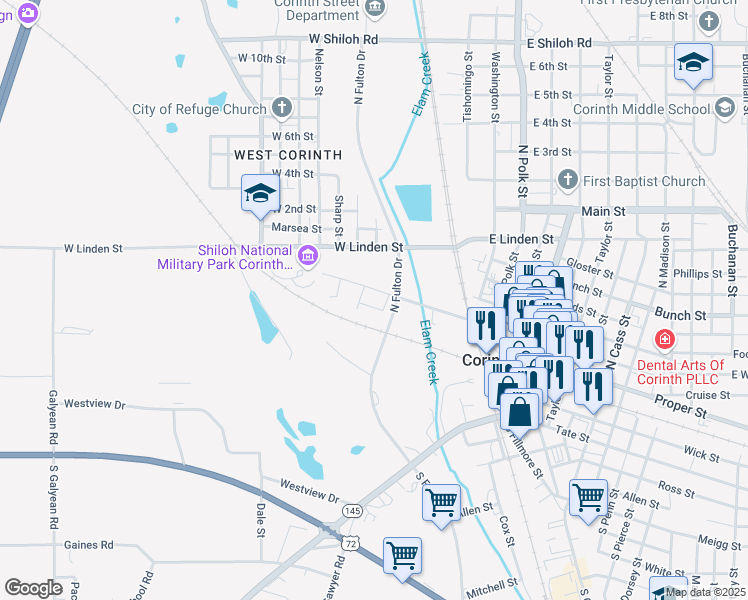 map of restaurants, bars, coffee shops, grocery stores, and more near 405 West Waldron Street in Corinth