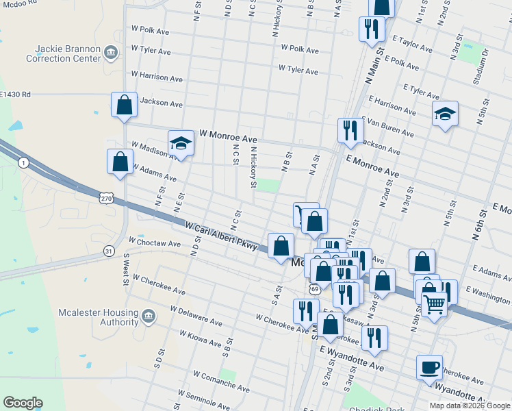 map of restaurants, bars, coffee shops, grocery stores, and more near 321 West Adams Avenue in McAlester