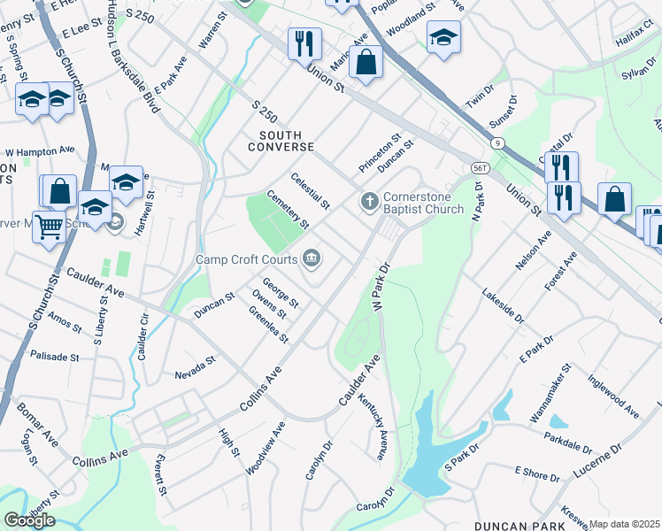map of restaurants, bars, coffee shops, grocery stores, and more near 10 Victory Drive in Spartanburg