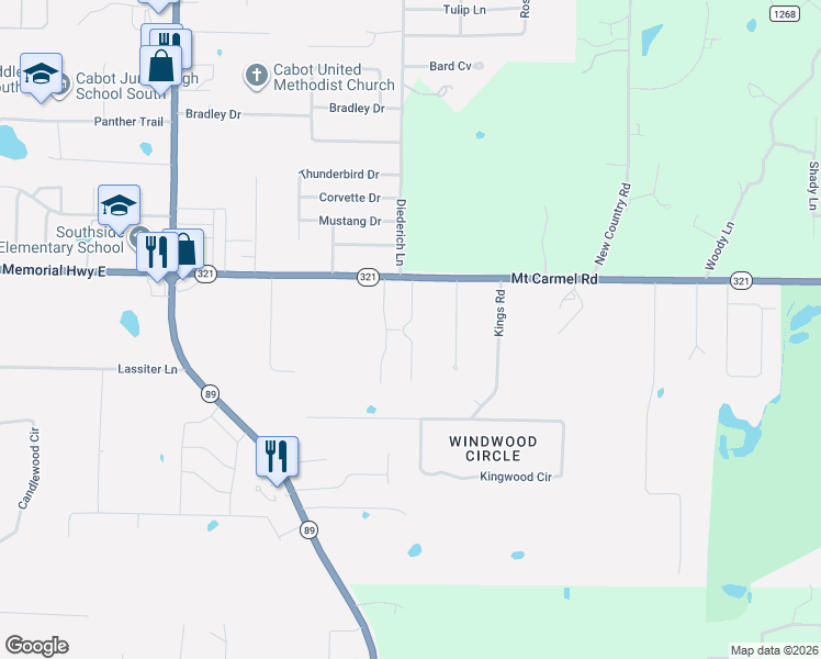 map of restaurants, bars, coffee shops, grocery stores, and more near 21 Crosswinds Drive in Cabot