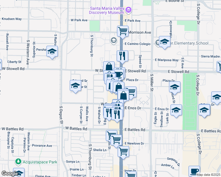 map of restaurants, bars, coffee shops, grocery stores, and more near 1376 Yale Place in Santa Maria