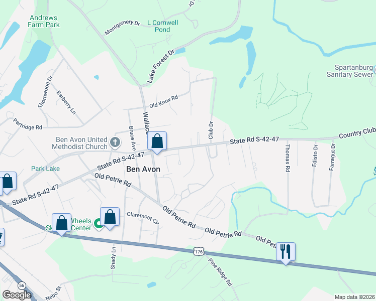 map of restaurants, bars, coffee shops, grocery stores, and more near 208 Club Meadows Ct in Spartanburg