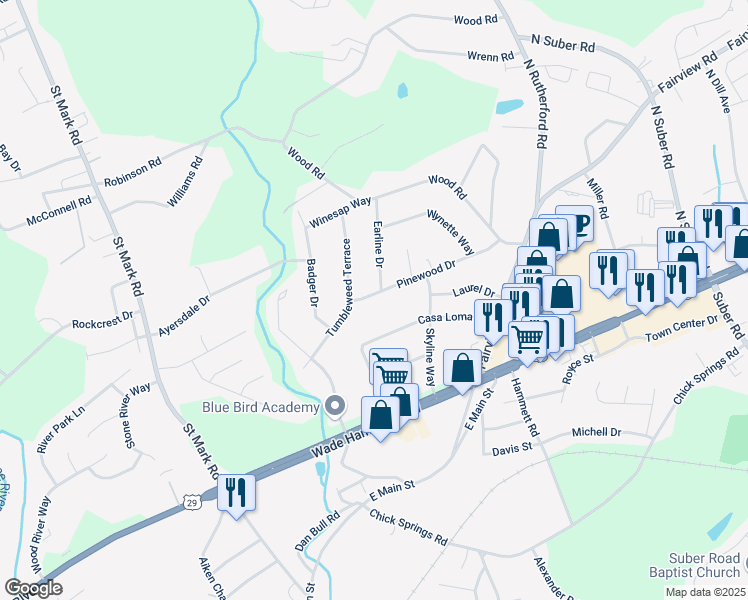 map of restaurants, bars, coffee shops, grocery stores, and more near 4 Pinewood Drive in Taylors