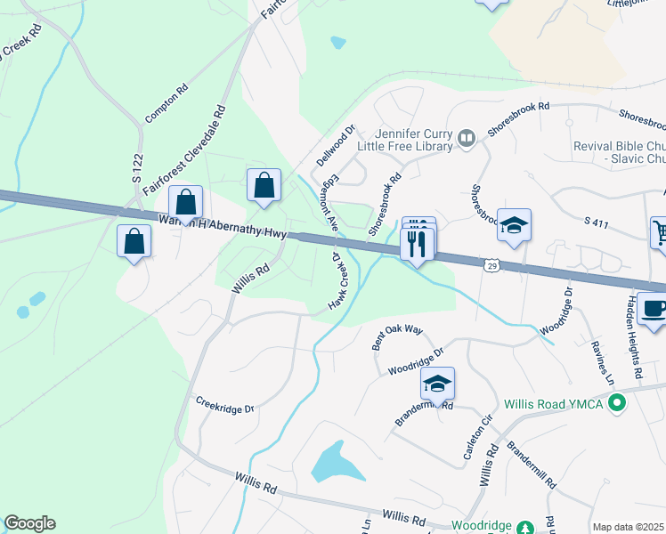 map of restaurants, bars, coffee shops, grocery stores, and more near 100 Hawk Creek Drive in Spartanburg