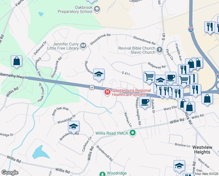 map of restaurants, bars, coffee shops, grocery stores, and more near 3 Somersett Drive in Spartanburg