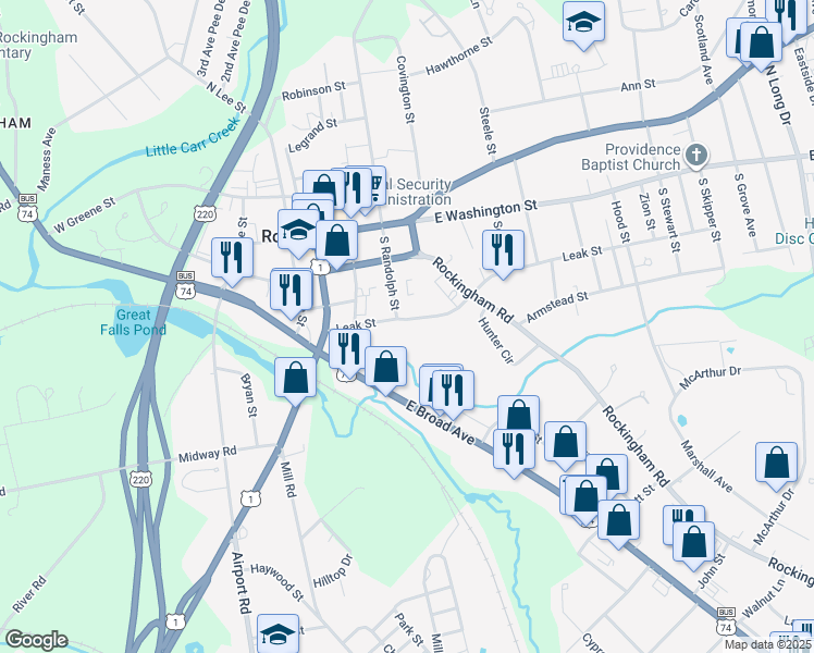 map of restaurants, bars, coffee shops, grocery stores, and more near 406 Leak Street in Rockingham