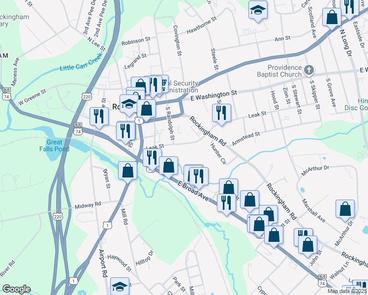 map of restaurants, bars, coffee shops, grocery stores, and more near 406 Leak Street in Rockingham