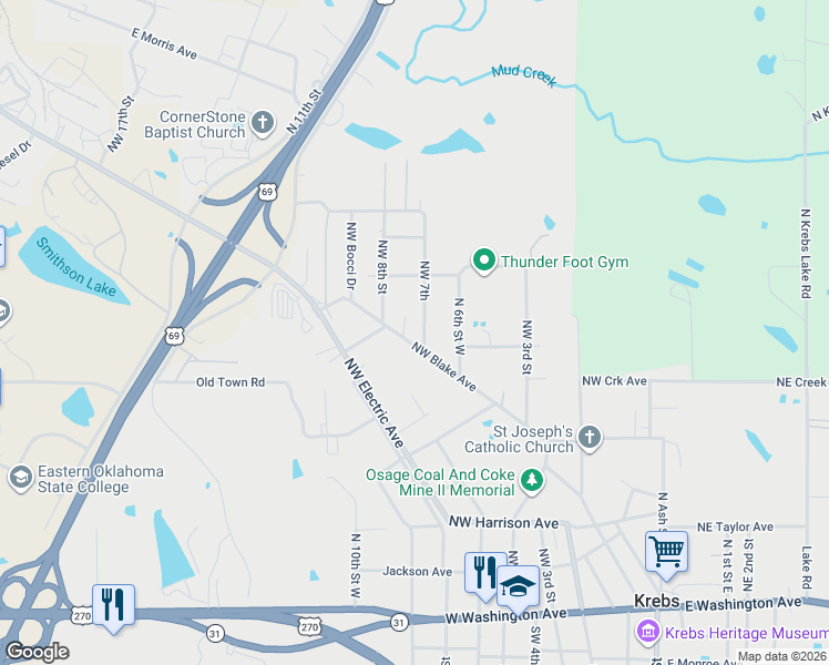map of restaurants, bars, coffee shops, grocery stores, and more near 565 Northwest 7th in Krebs
