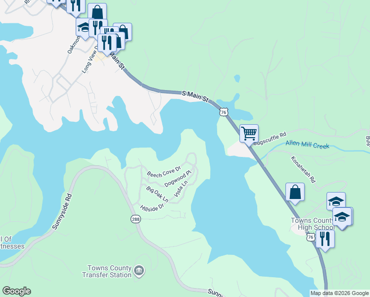 map of restaurants, bars, coffee shops, grocery stores, and more near 759 Beech Cove Drive in Hiawassee