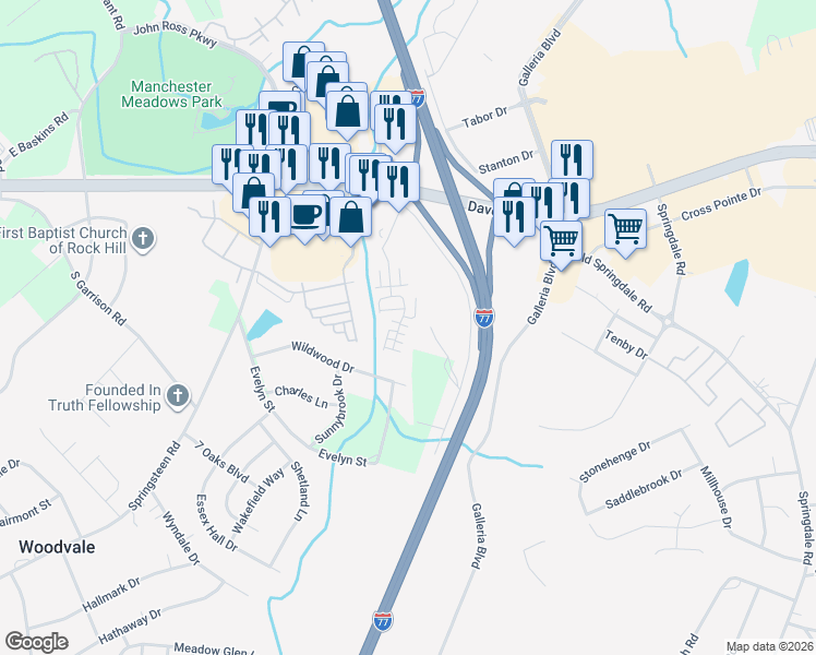map of restaurants, bars, coffee shops, grocery stores, and more near 280 Liverpool Road in Rock Hill