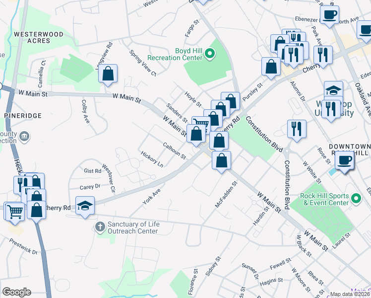 map of restaurants, bars, coffee shops, grocery stores, and more near 443 Bynum Ave in Rock Hill