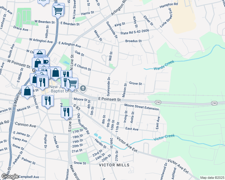 map of restaurants, bars, coffee shops, grocery stores, and more near 305 Highland Avenue in Greer