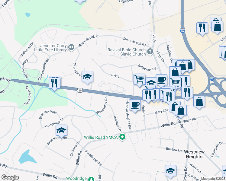 map of restaurants, bars, coffee shops, grocery stores, and more near 315 Birchrun Drive in Spartanburg