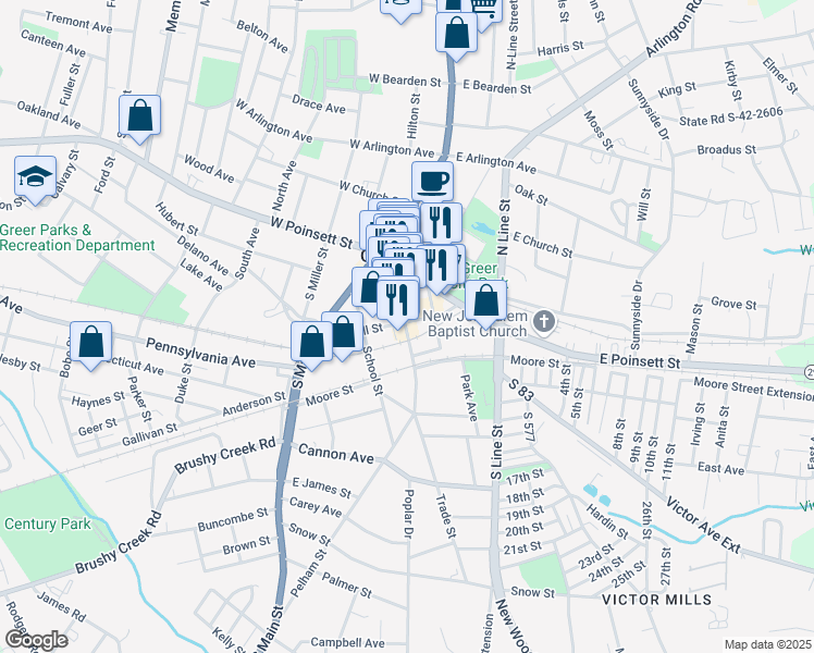 map of restaurants, bars, coffee shops, grocery stores, and more near 311 Trade Street in Greer