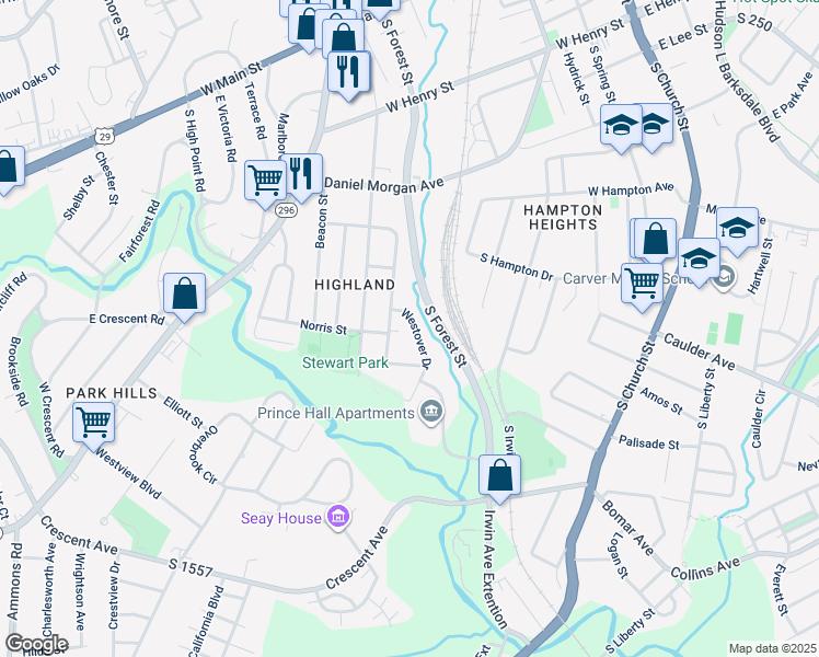 map of restaurants, bars, coffee shops, grocery stores, and more near 115 Westover Drive in Spartanburg