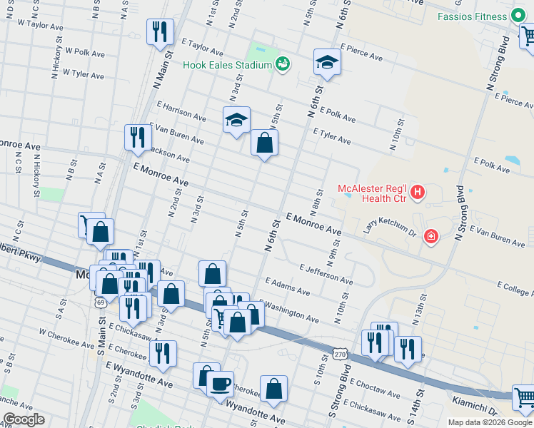 map of restaurants, bars, coffee shops, grocery stores, and more near 510 East Monroe Avenue in McAlester