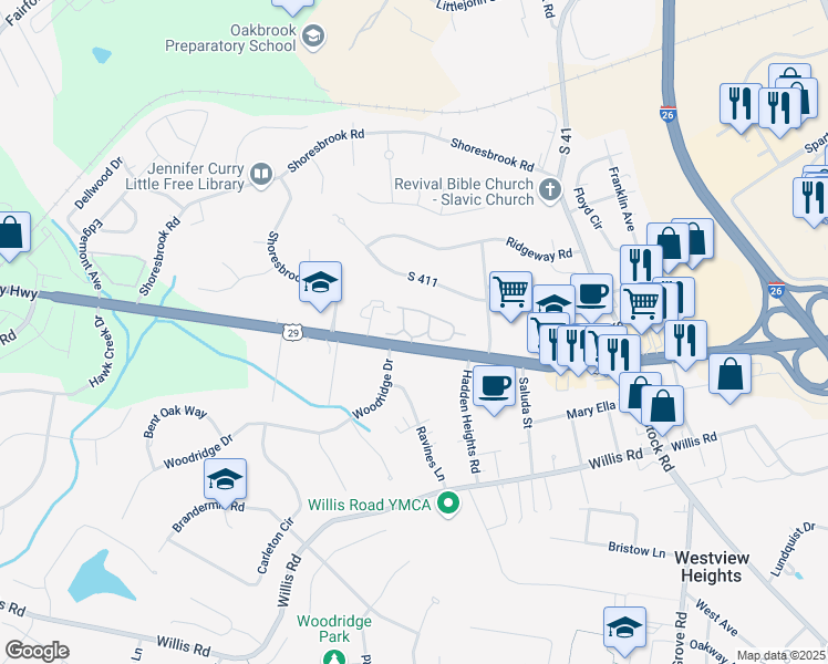 map of restaurants, bars, coffee shops, grocery stores, and more near 315 Birchrun Drive in Spartanburg