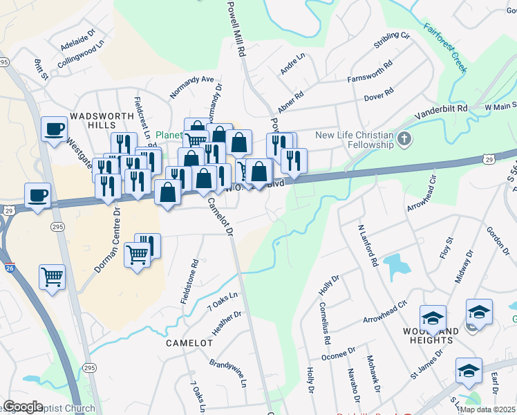 map of restaurants, bars, coffee shops, grocery stores, and more near 100 Pinebrook Road in Spartanburg