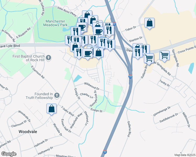 map of restaurants, bars, coffee shops, grocery stores, and more near 1647 Chamberside Drive in Rock Hill