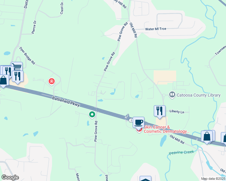 map of restaurants, bars, coffee shops, grocery stores, and more near 6141 Three Notch Road in Ringgold