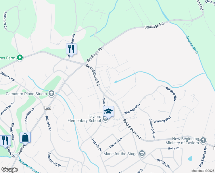 map of restaurants, bars, coffee shops, grocery stores, and more near 1120 Reid School Road in Taylors