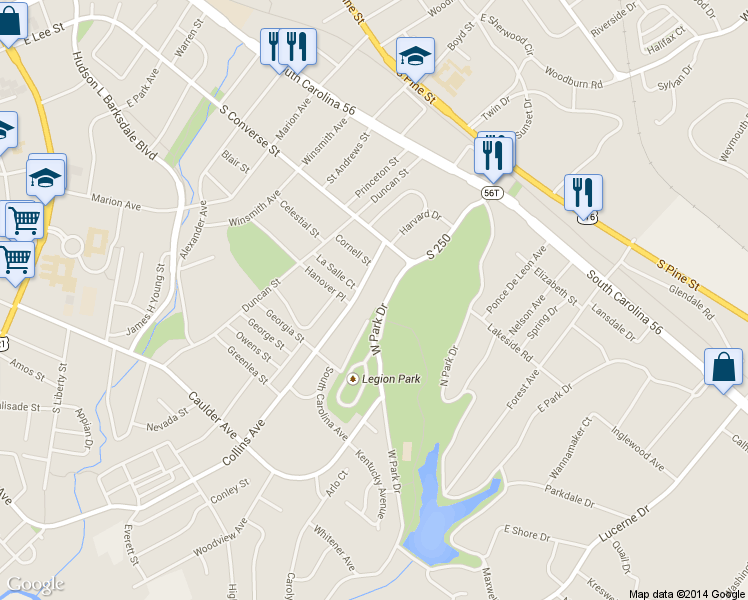 map of restaurants, bars, coffee shops, grocery stores, and more near 84 West Park Drive in Spartanburg