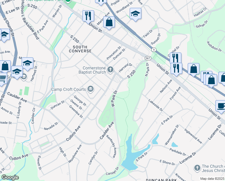 map of restaurants, bars, coffee shops, grocery stores, and more near 84 West Park Drive in Spartanburg