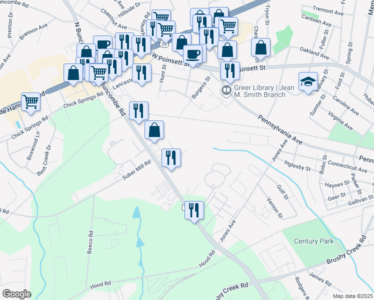 map of restaurants, bars, coffee shops, grocery stores, and more near 198 Commerce Drive in Greer