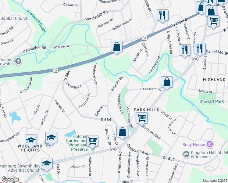 map of restaurants, bars, coffee shops, grocery stores, and more near 245 Briarcliff Road in Spartanburg