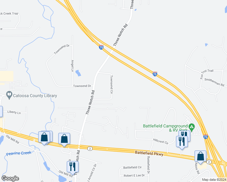 map of restaurants, bars, coffee shops, grocery stores, and more near 218 Townsend Circle in Ringgold
