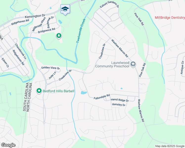 map of restaurants, bars, coffee shops, grocery stores, and more near 2685 Creekview Drive in Waxhaw