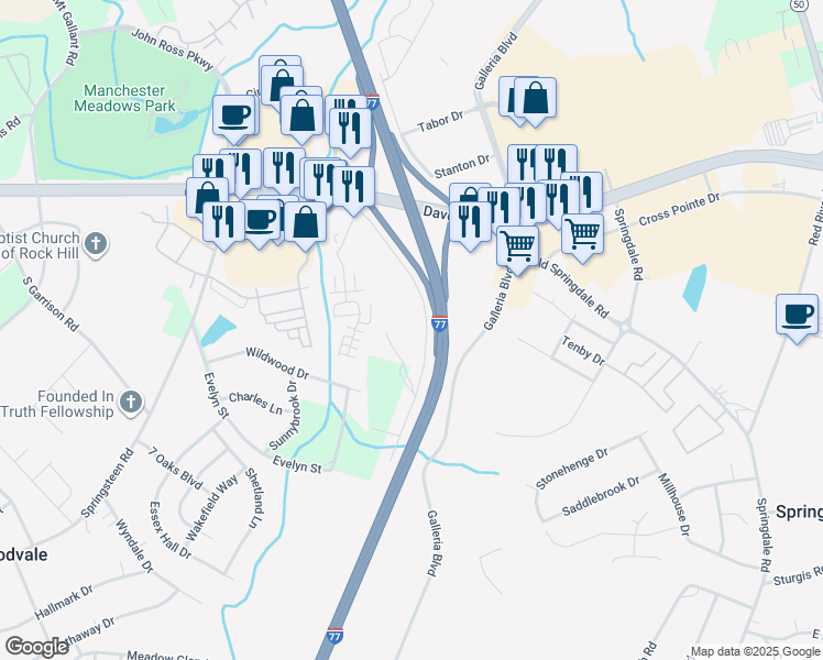 map of restaurants, bars, coffee shops, grocery stores, and more near 1835 Canterbury Glen Lane in Rock Hill