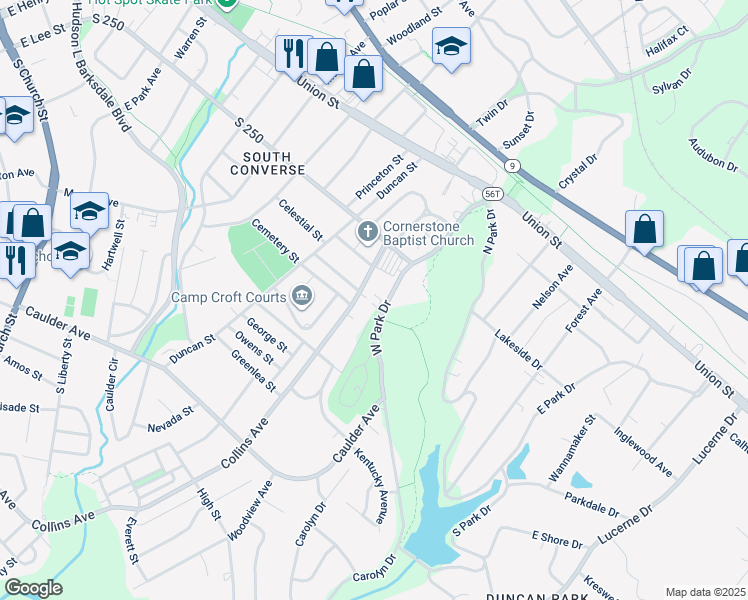 map of restaurants, bars, coffee shops, grocery stores, and more near 84 West Park Drive in Spartanburg