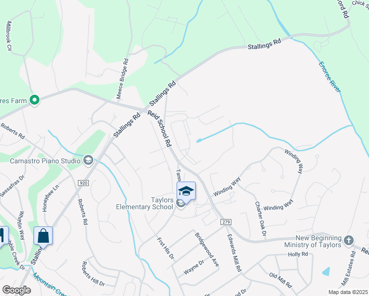 map of restaurants, bars, coffee shops, grocery stores, and more near 1120 Reid School Road in Taylors