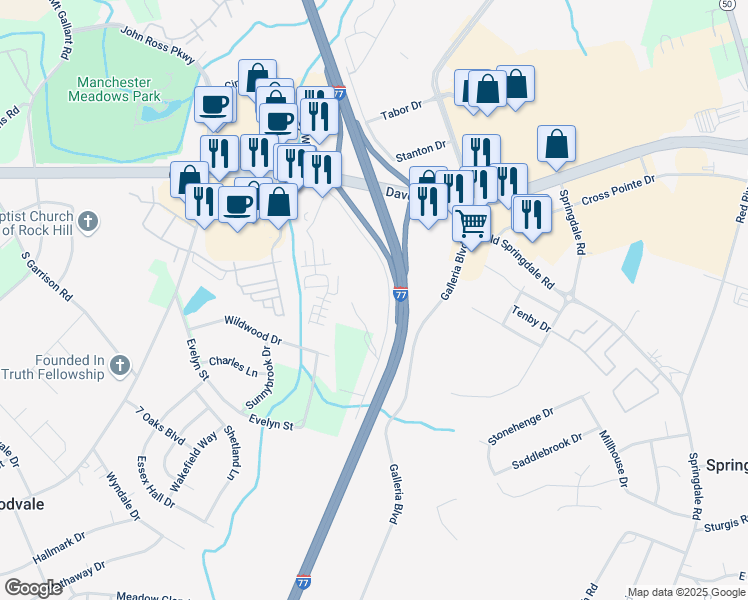 map of restaurants, bars, coffee shops, grocery stores, and more near 1835 Canterbury Glen Lane in Rock Hill