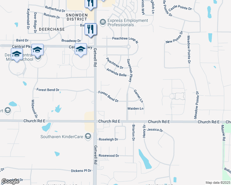 map of restaurants, bars, coffee shops, grocery stores, and more near 3138 Forest Bend Drive in Southaven