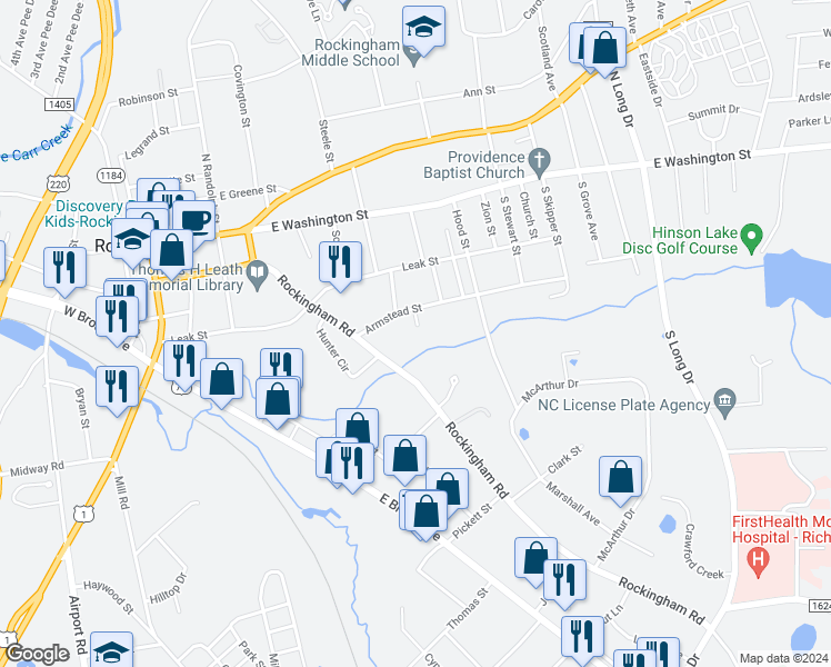 map of restaurants, bars, coffee shops, grocery stores, and more near 312 Rush Street in Rockingham