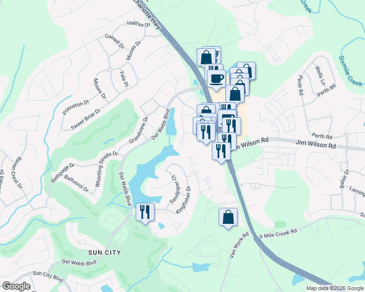 map of restaurants, bars, coffee shops, grocery stores, and more near 907 Lily Magnolia Court in Fort Mill