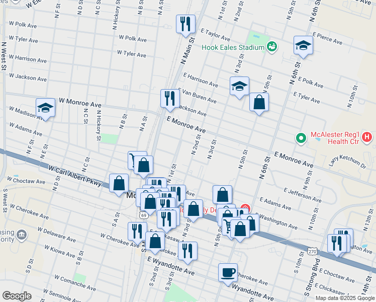 map of restaurants, bars, coffee shops, grocery stores, and more near 523 North 2nd Street in McAlester