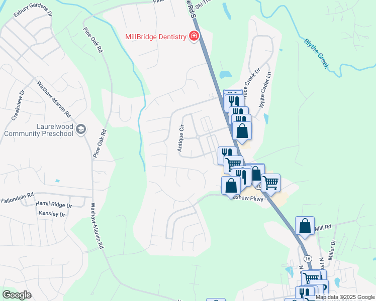 map of restaurants, bars, coffee shops, grocery stores, and more near 4002 Garfield Court in Waxhaw