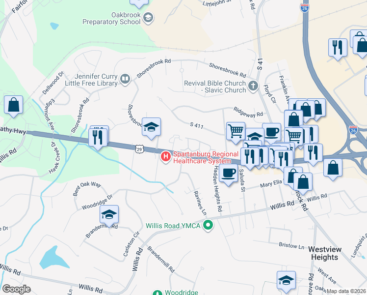 map of restaurants, bars, coffee shops, grocery stores, and more near 203 Arrowood Road in Spartanburg