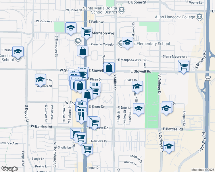 map of restaurants, bars, coffee shops, grocery stores, and more near 401 Barcellus Avenue in Santa Maria