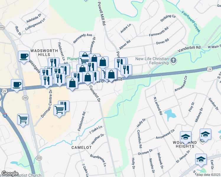 map of restaurants, bars, coffee shops, grocery stores, and more near 100 Pinebrook Road in Spartanburg