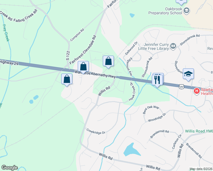 map of restaurants, bars, coffee shops, grocery stores, and more near 1141-1199 Willis Road in Spartanburg