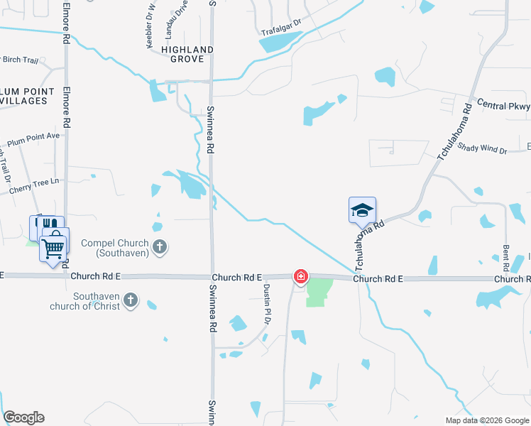 map of restaurants, bars, coffee shops, grocery stores, and more near 1358 Church Road East in Southaven