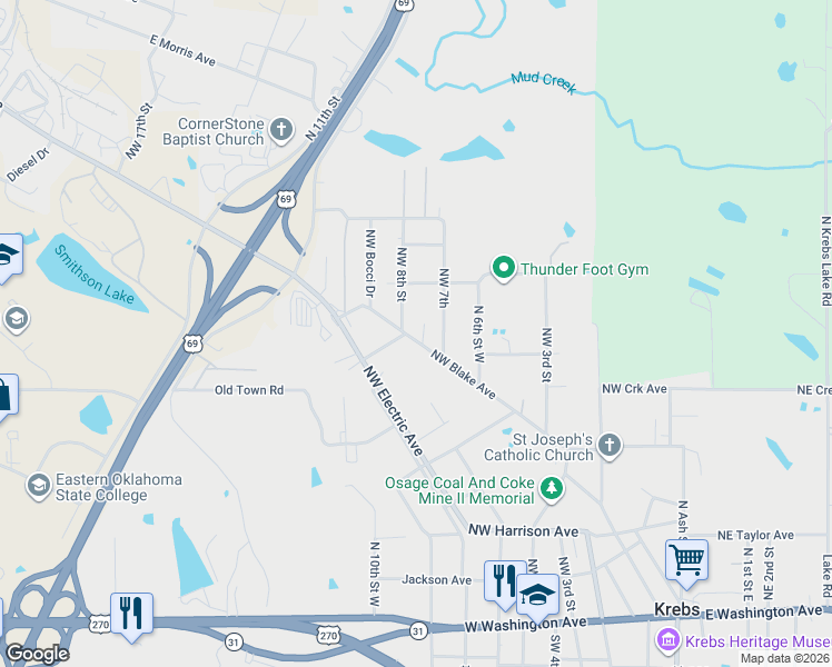 map of restaurants, bars, coffee shops, grocery stores, and more near 565 Northwest 7th in Krebs