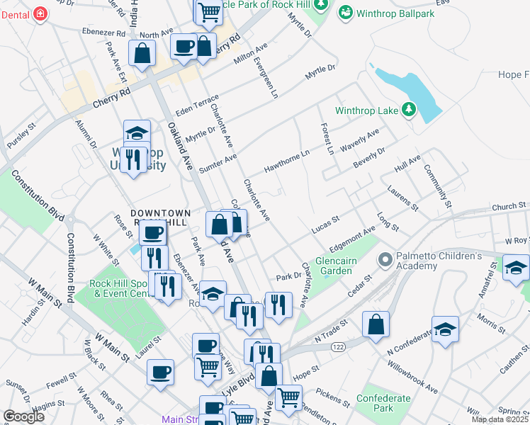 map of restaurants, bars, coffee shops, grocery stores, and more near in Rock Hill