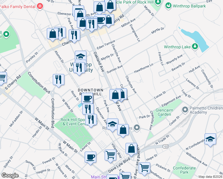 map of restaurants, bars, coffee shops, grocery stores, and more near Oakland Avenue in Rock Hill