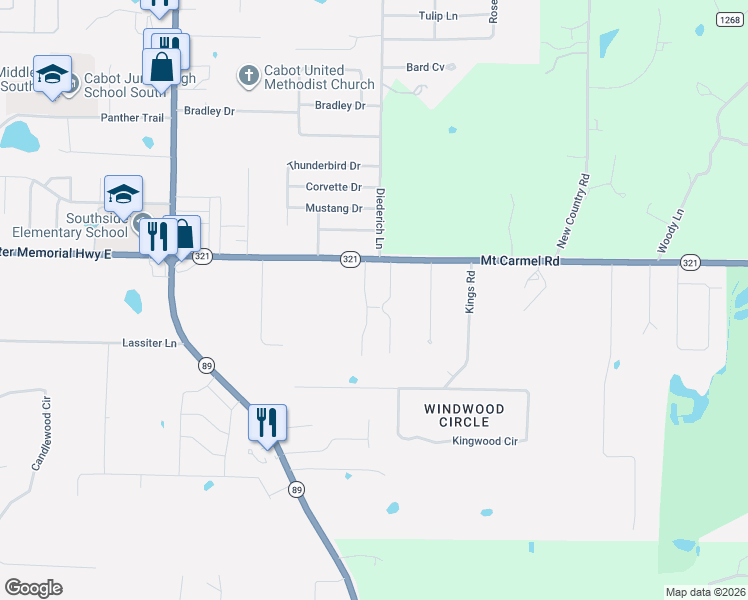 map of restaurants, bars, coffee shops, grocery stores, and more near 21 Crosswinds Drive in Cabot